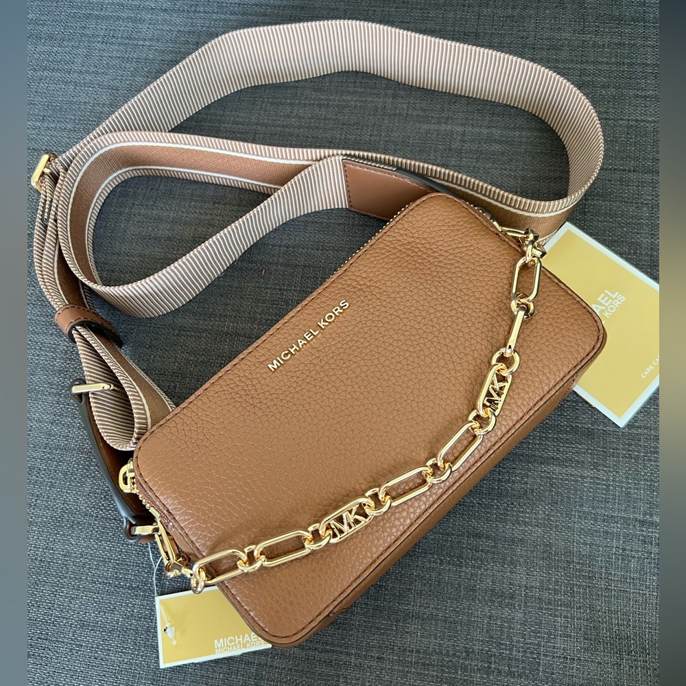NWT MICHAEL KORS JET SET DOUBLE ZIP CAMERA CHAIN CROSSBODY BAG LEATHER - Picture 1 of 15